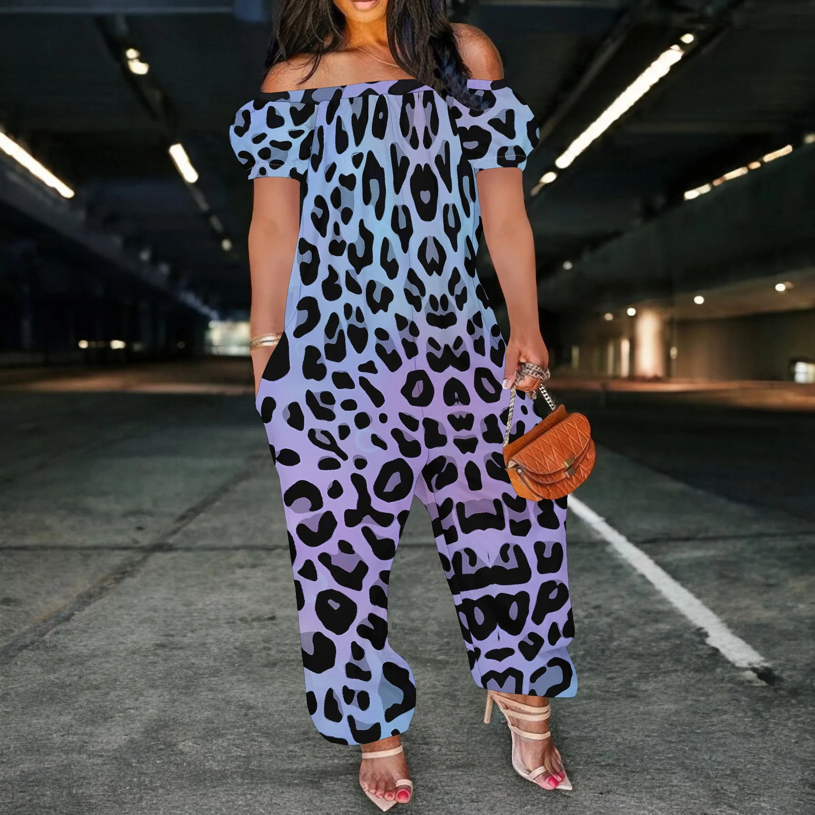 Women Plus Size One Piece Outfits Leopard Print Off Shoulder Short Sleeve Loose Long Pants Jumpsuits 250530