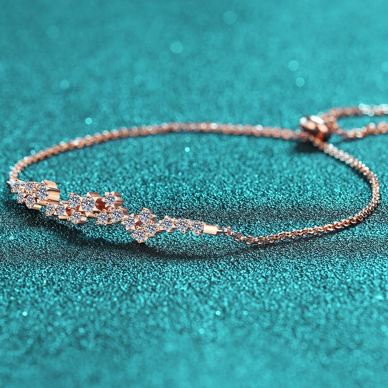 925 Sterling Silver Moissanite Champagne Gold Bracelet with Floral Design, Push Pull Clasp, Luxury Minimalist Fashion Jewelry