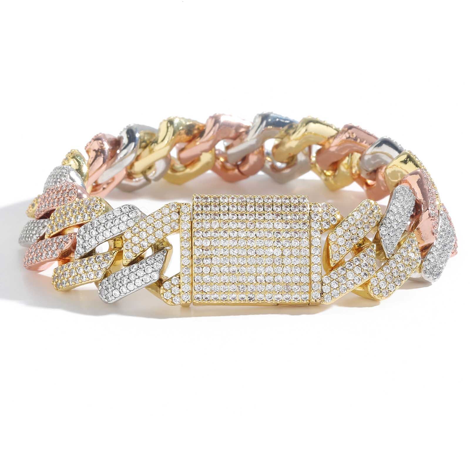 Bracelet Hip Hop 20MM Diamond Tri color Rose Gold Miami Bar Cuban Chain Hip Hop Mens Bracelet moissanite