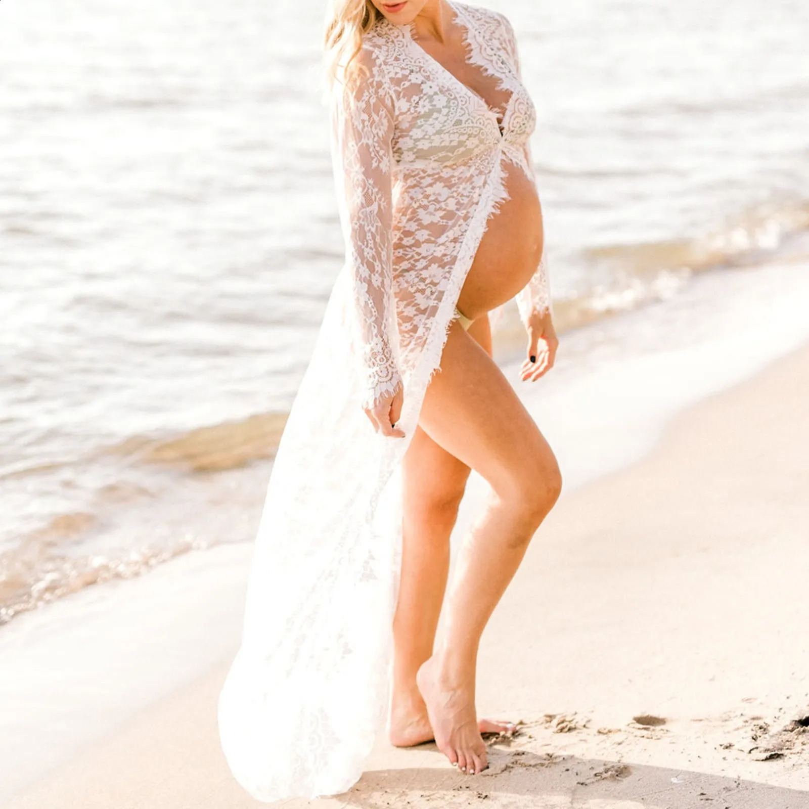 Winter Coat Women Pregnant Women Shooting Po Lace Long Dress Pregnant Women Front Open Lace Mopping Dress Clothe Woman 250530