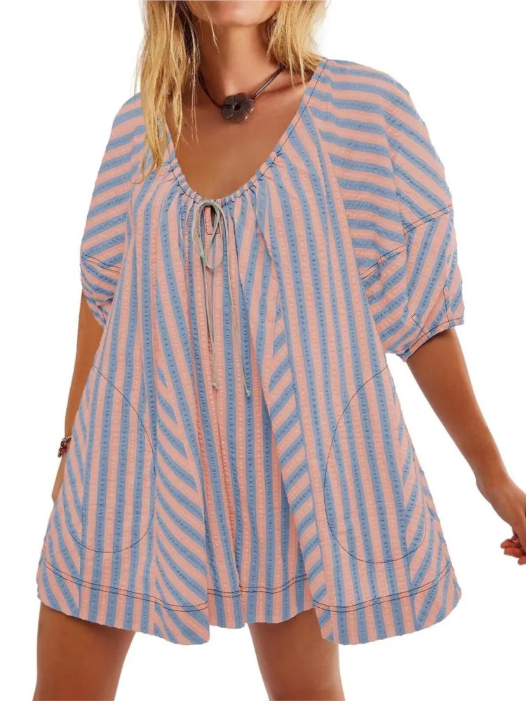 Summer Beach Rompers For Women Casual Loose Striped Puff Short Sleeve Adjustable Neck Wide Leg Shorts Jumpsuit With Pockets 250528