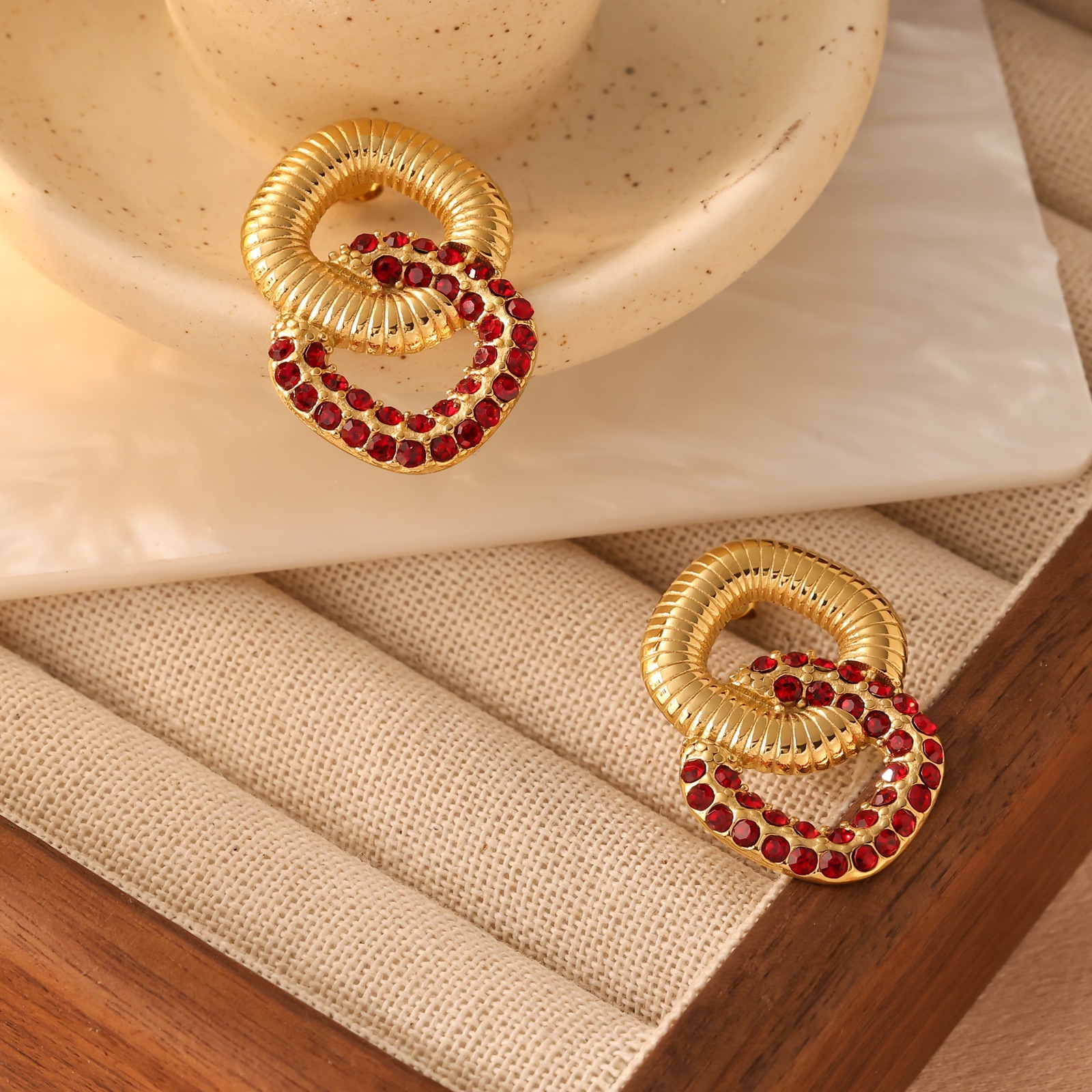 Gold Stainless Steel Inlaid Zircon Double Layer Non-Fading Earrings Jewelry