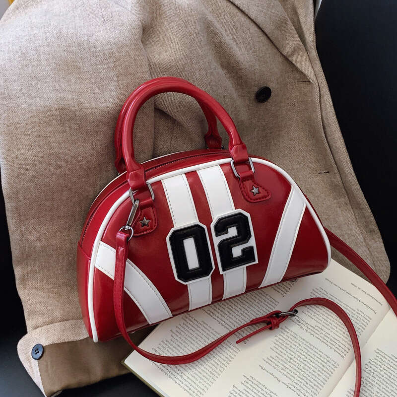 Women's bowling bag oil leather splicing contrasting digital decoration hand-held women's handbag 2025 new casual versatile fashion