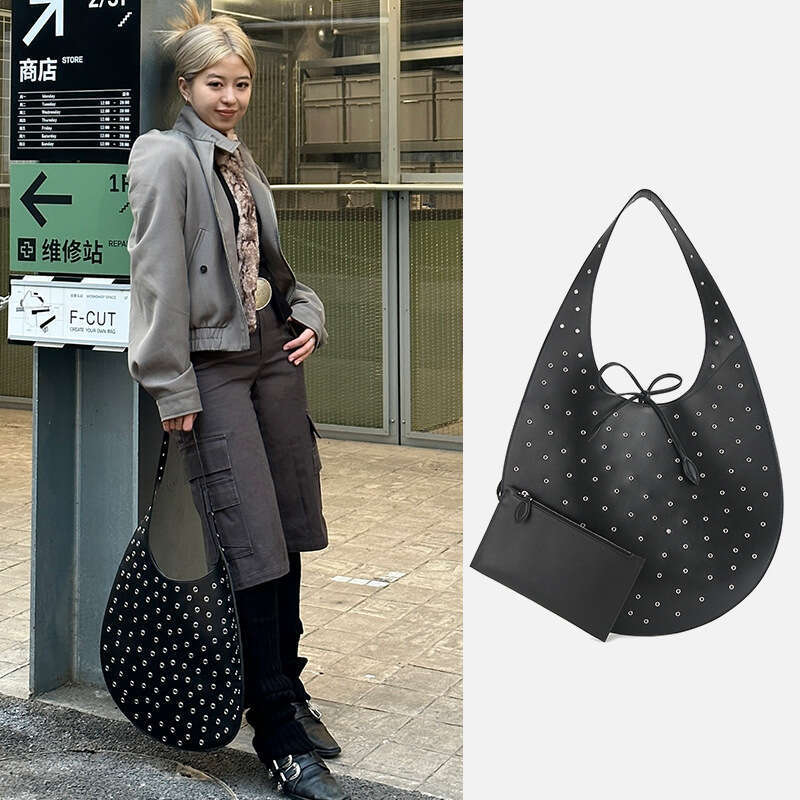 Cool Spicy Style Hollow Rivet Design Moon Personality Shoulder Underarm Large Capacity Tote Bag Handbag