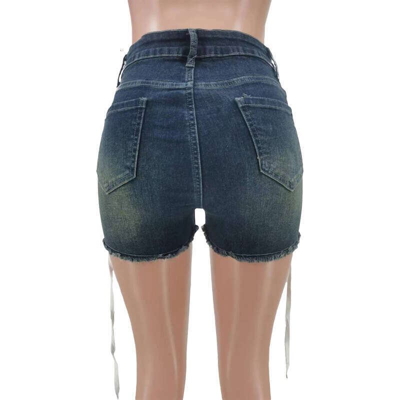 TK6313 New Women's Fashion Spring Summer Slim Fit Personality Tie Elastic Denim Shorts