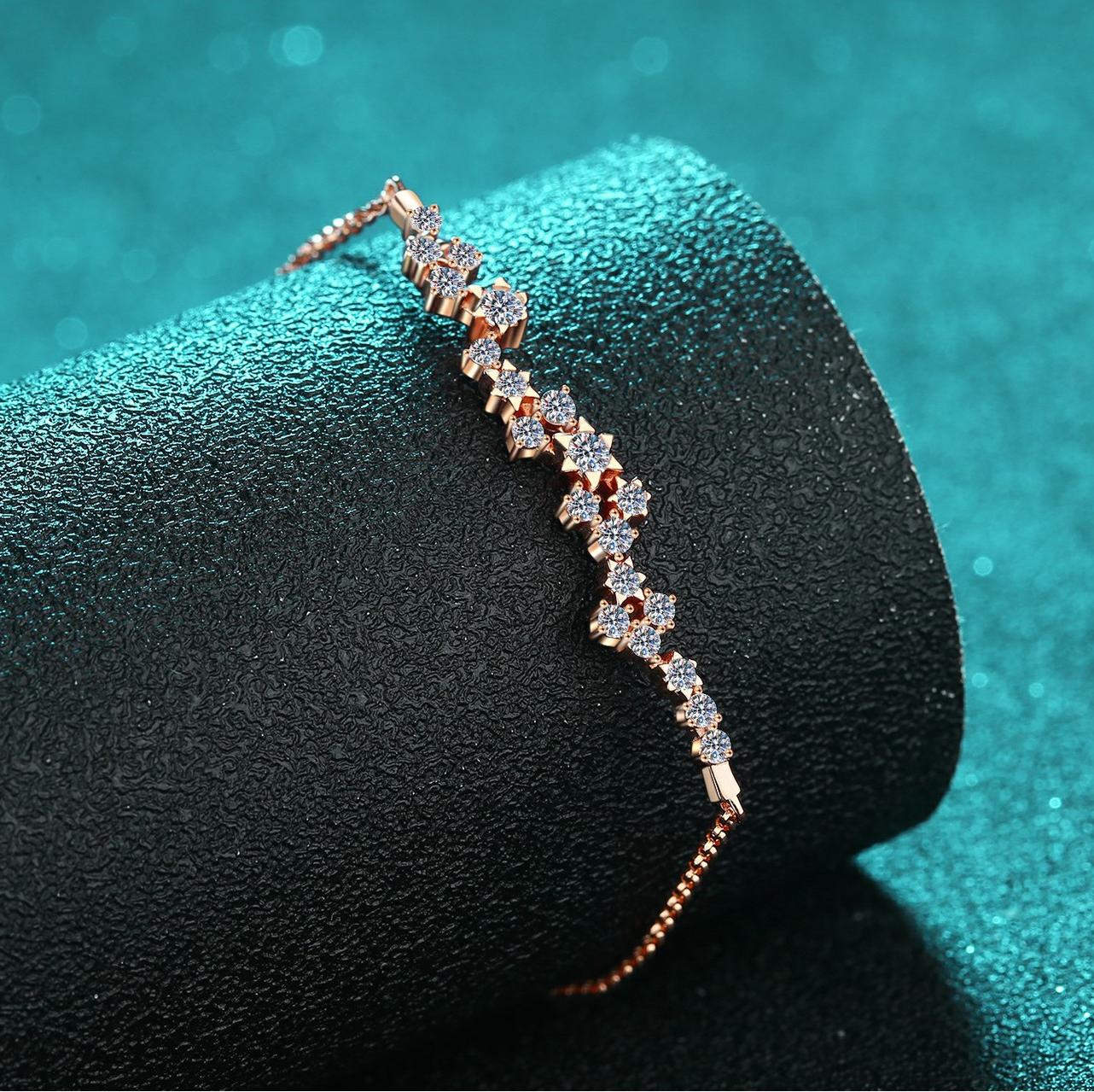925 Sterling Silver Moissanite Champagne Gold Bracelet with Floral Design, Push Pull Clasp, Luxury Minimalist Fashion Jewelry
