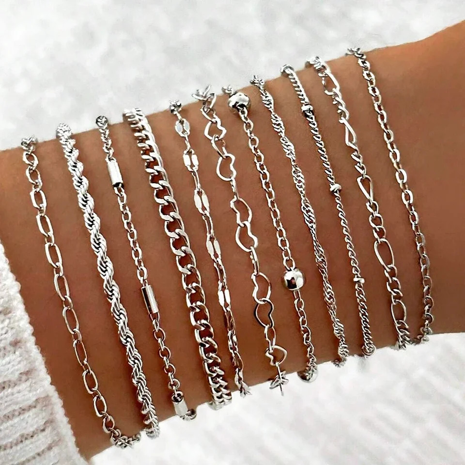 11 Pcs Vintage Twist Chain Bracelets Sets for Women Boho Punk Silver Gold Color Adjustable Cuban Link Bracelet Fashion Jewelry 250528