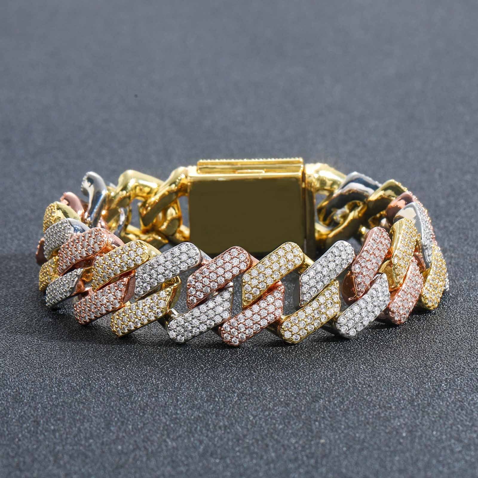 Bracelet Hip Hop 20MM Diamond Tri color Rose Gold Miami Bar Cuban Chain Hip Hop Mens Bracelet moissanite