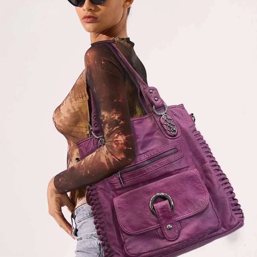Ladies' Fashion Street Y2k Hot Girl Washed Used Motorcycle Bag Large Capacity Retro Single Shoulder Handbag