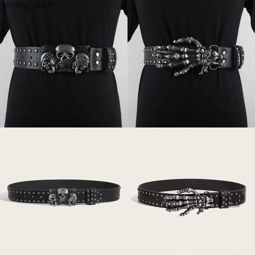Punk Skull Belt Harajuku Gothic Leather Y2K Rivet Belts Skeleton Hand Adjustable Decoration Belt Men Girls Leather Belt Unisex z250602