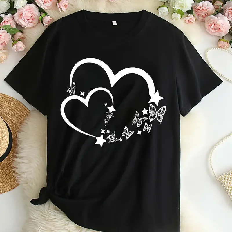 Plus Size Leopard Heart Print Designer T-Shirt Casual Crew Neck Short Sleeve T-Shirt Women's Plus Size Clothing 100% Cotton Sexy Female Tops
