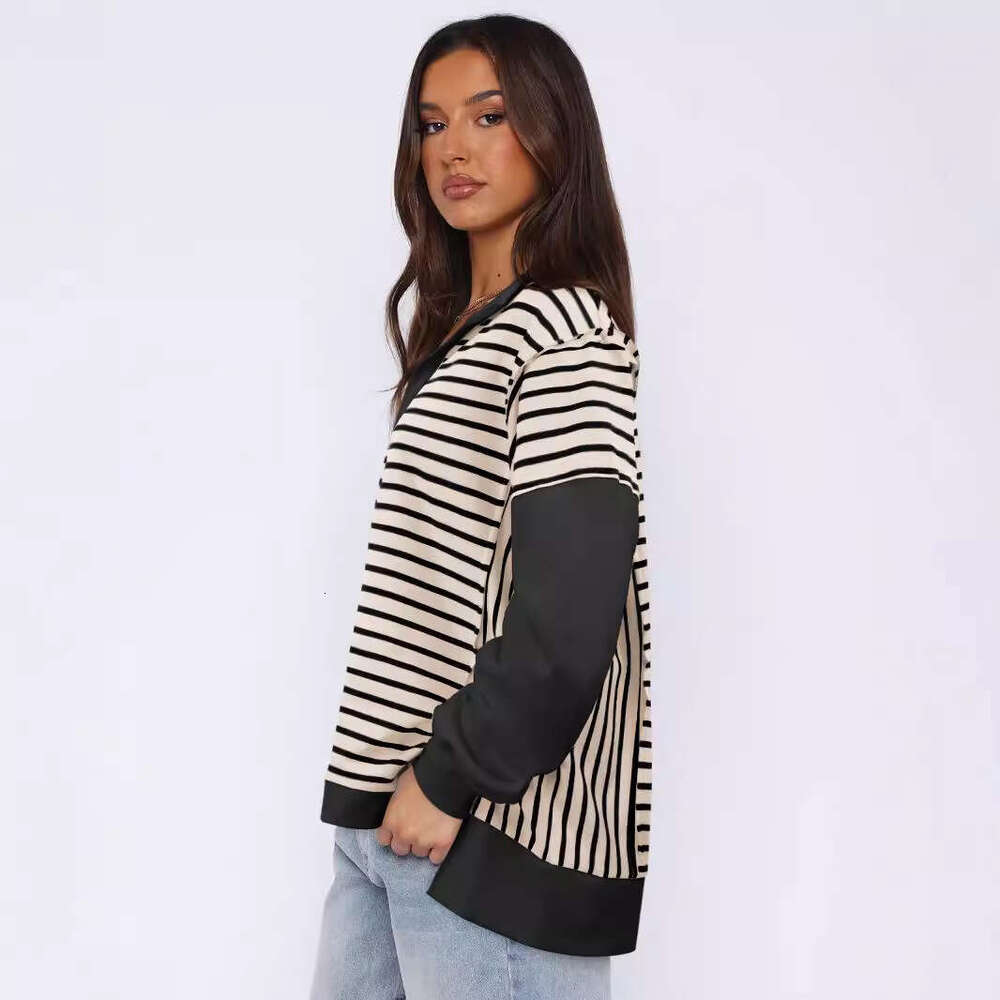 2025 Fashion New Loose Color-Block Striped Sweatshirt with Slit Autumn and Winter Casual Slimming Top Trendy Brand for Women