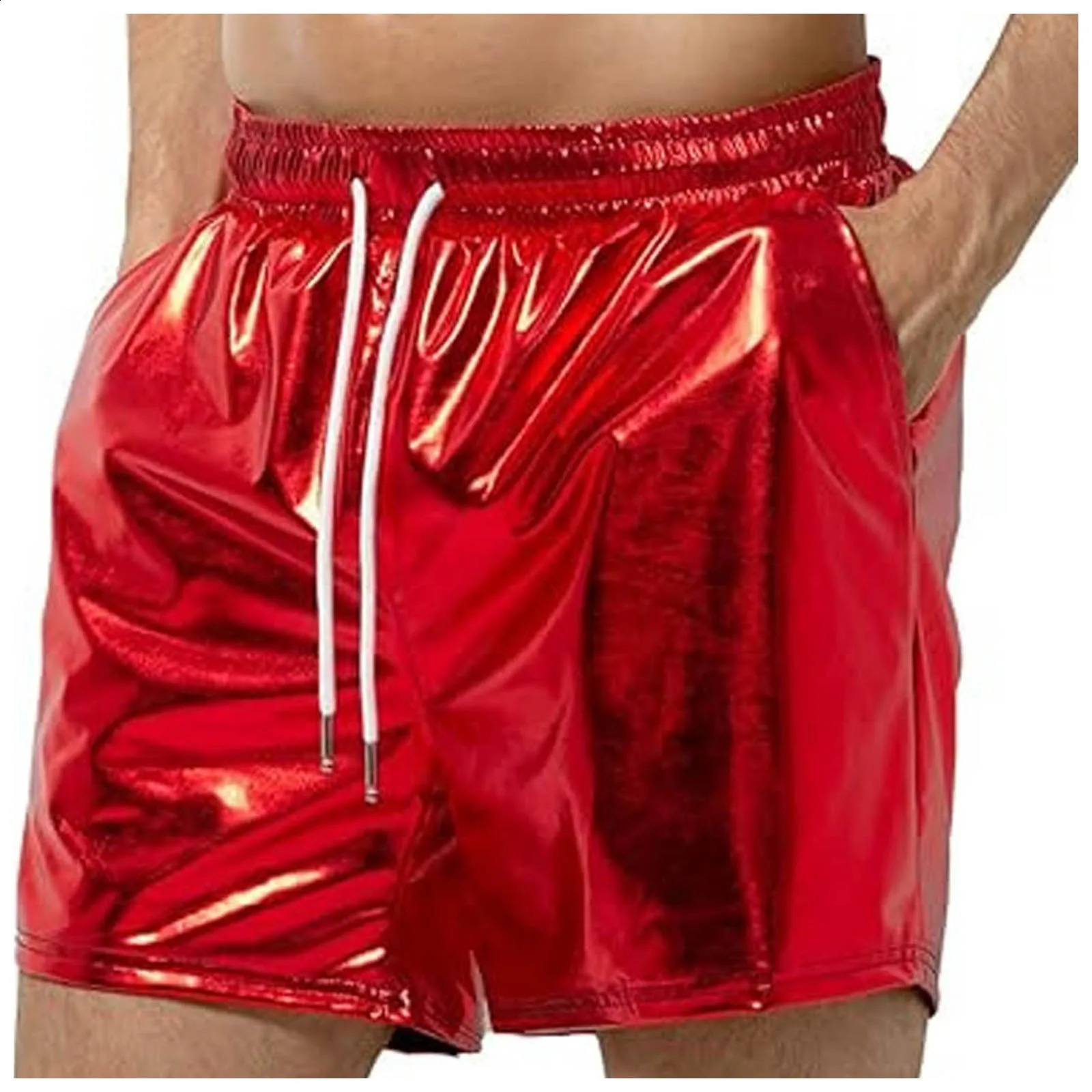 Mens Cotton Beach Shorts Sexy Metallic Shiny Sparkly Elastic Waist Drawstring Pants With Pockets Glitter Outdoor Holiday 250530