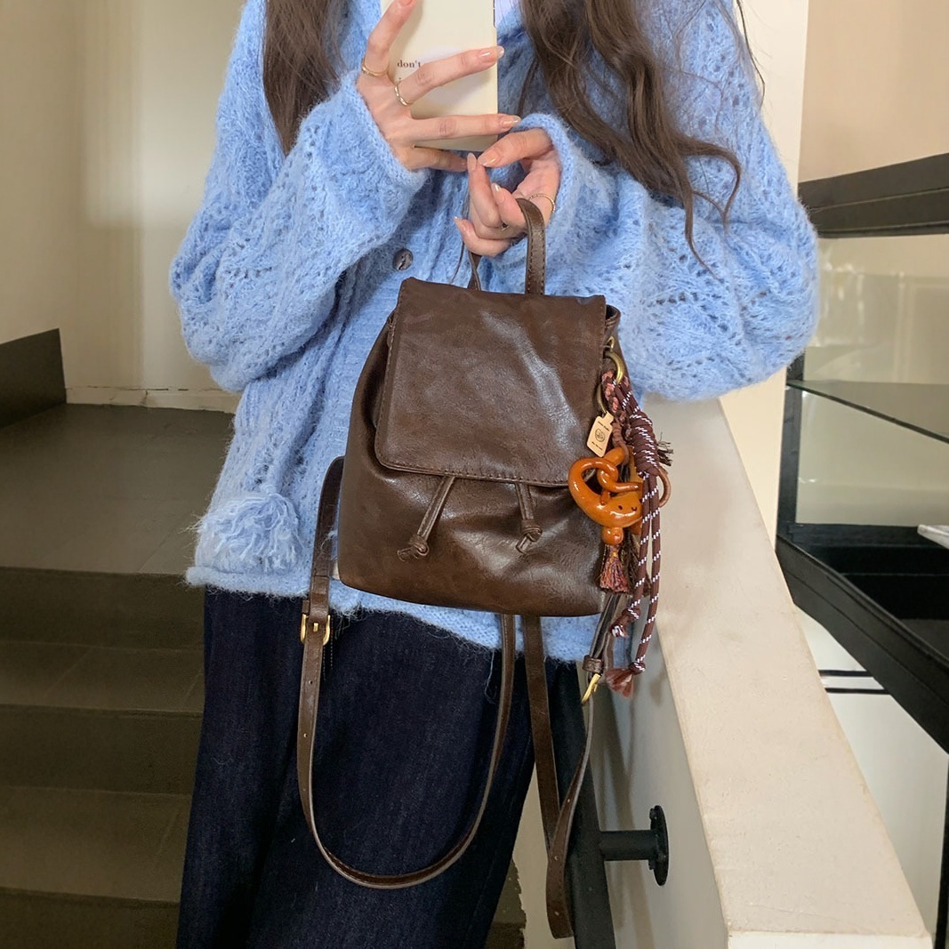 designer American Style Brown Leather Texture Small Backpack Retro PU Soft Leather Texture Versatile Shoulder Bag Commuting Versatile Small Backpack