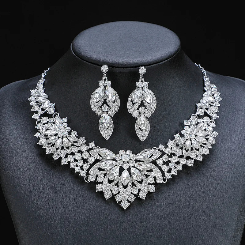 Advanced retro necklace earring set leaf Multicolored flowers luxurious crystal jewelry brides wedding dress accessories 250530