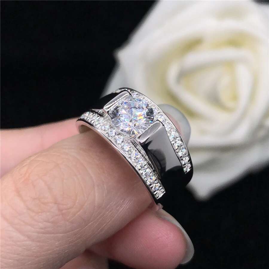 Popular Solid 18k White Gold AU750 Ring 1CT Diamond Engagement Ring For Man Perfect Valuable Birthday Gift For Boy Friend