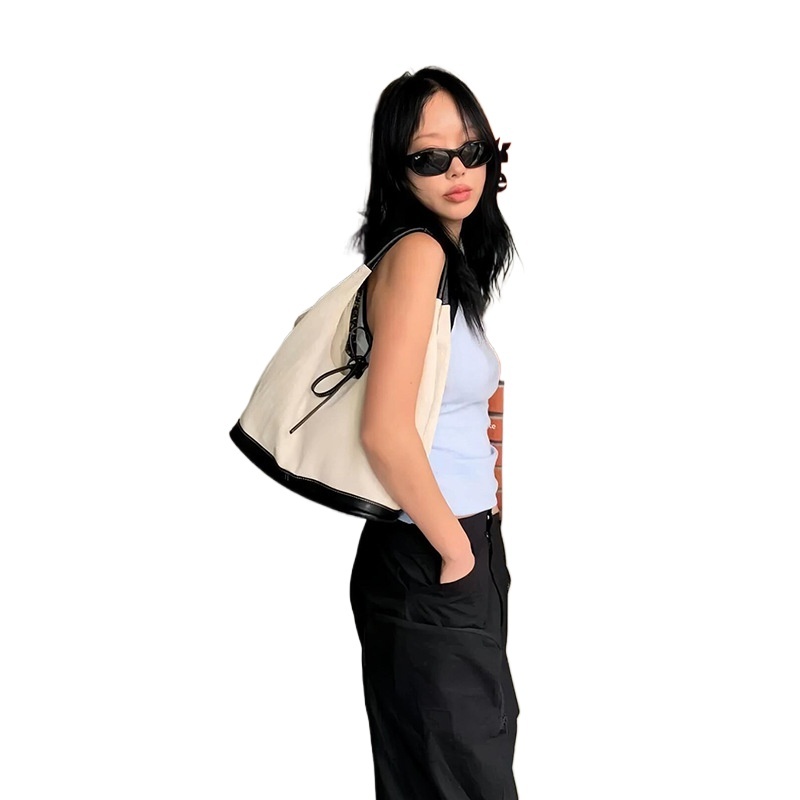 designer Korean Style Bowknot Patchwork Canvas Tote Bag for Women 2025 New Niche Design Commuter Shoulder Bag Large Bag for Women