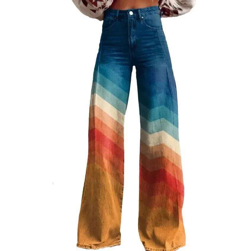 Spring Summer Wide Leg Pants Casual Long Trousers 3D Print Women Flared Plus Size Straight Type Female Jeans