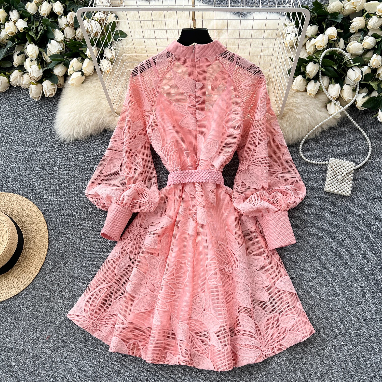 Women Casual Dresses Spring Summer French Lace Embroidery Women's Dress Stand Collar Long Lantern Sleeve Single Breasted Belt Party Birthday Dres