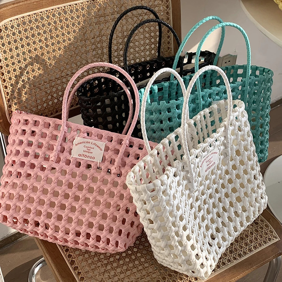 Summer Ins Woven Beach Bag Label Woven Storage Vegetable Basket Korean Vacation Travel Picnic Candy Color Women Beach Handbag 250530