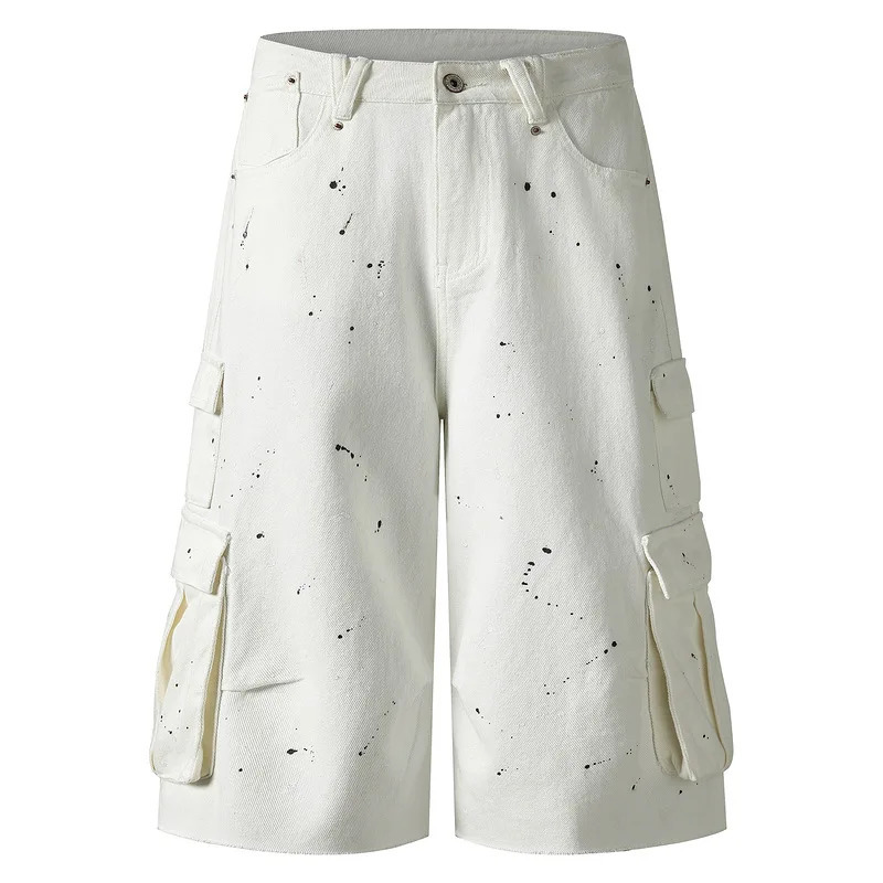 Mens Loose Fit Vibe Style Hip Hop Short Jeans High Streetwear Painted Cargo Denim Shorts With Multi Pockets Printed Jeans 250530