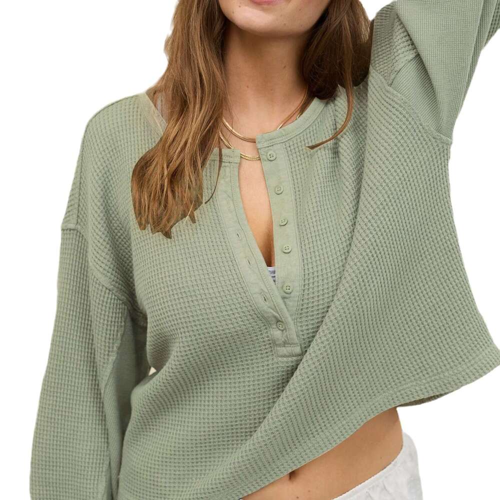 2025 New Button Waffle Loose Casual Commuter Lazy Sweatshirt Top Autumn Winter Women's Fashion