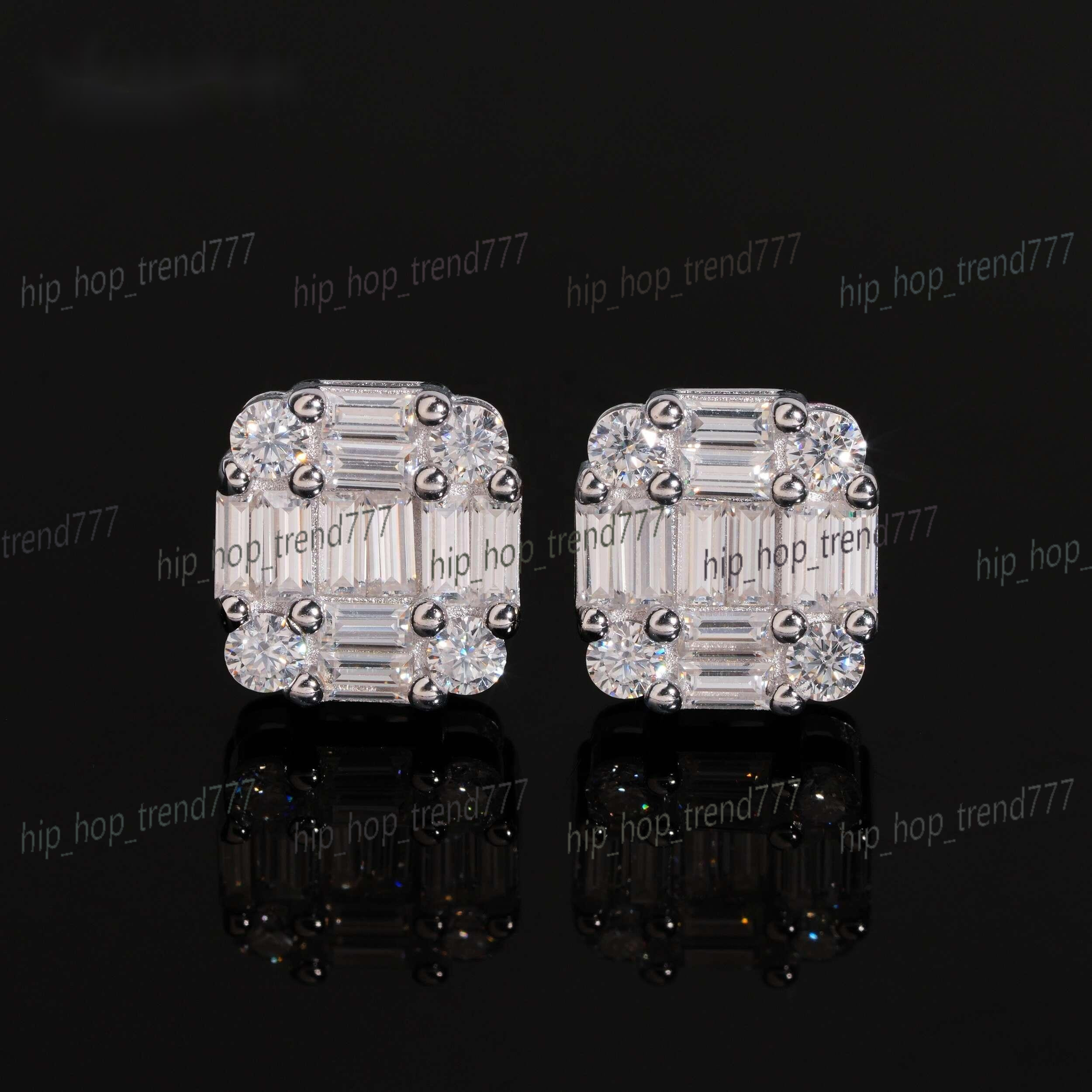 New Arrival Hip Hop Design Baguette Diamond 925 Sterling Silver VVS Iced Out Moissanite Stud Earrings for Men