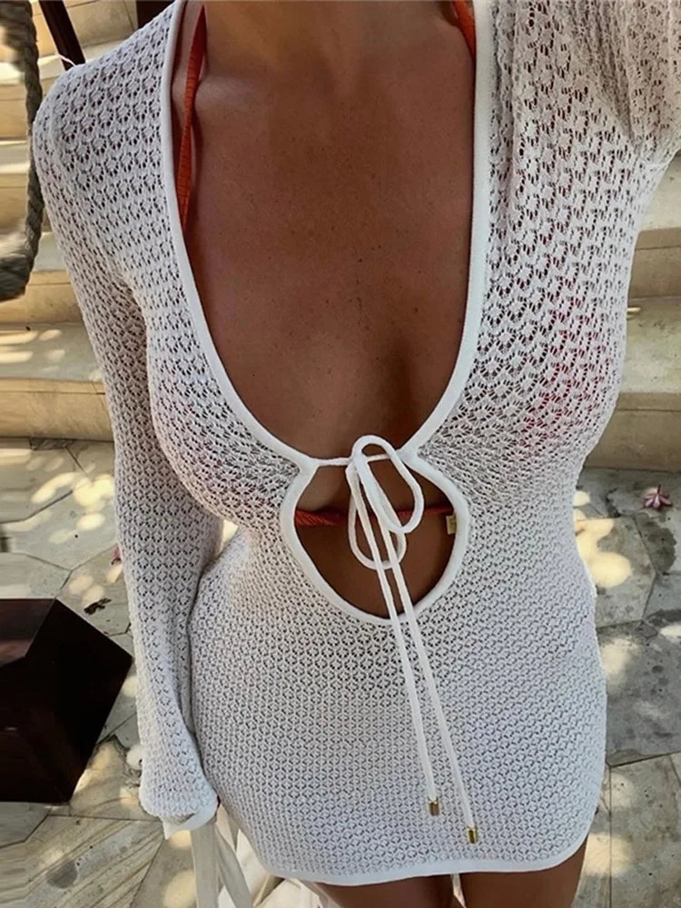 Holiday Hollow Out Mini Dress Women Knit Lace up Long Flare Sleeve Beach Dresses Fashion Lady Vacation Solid Dresses 250529