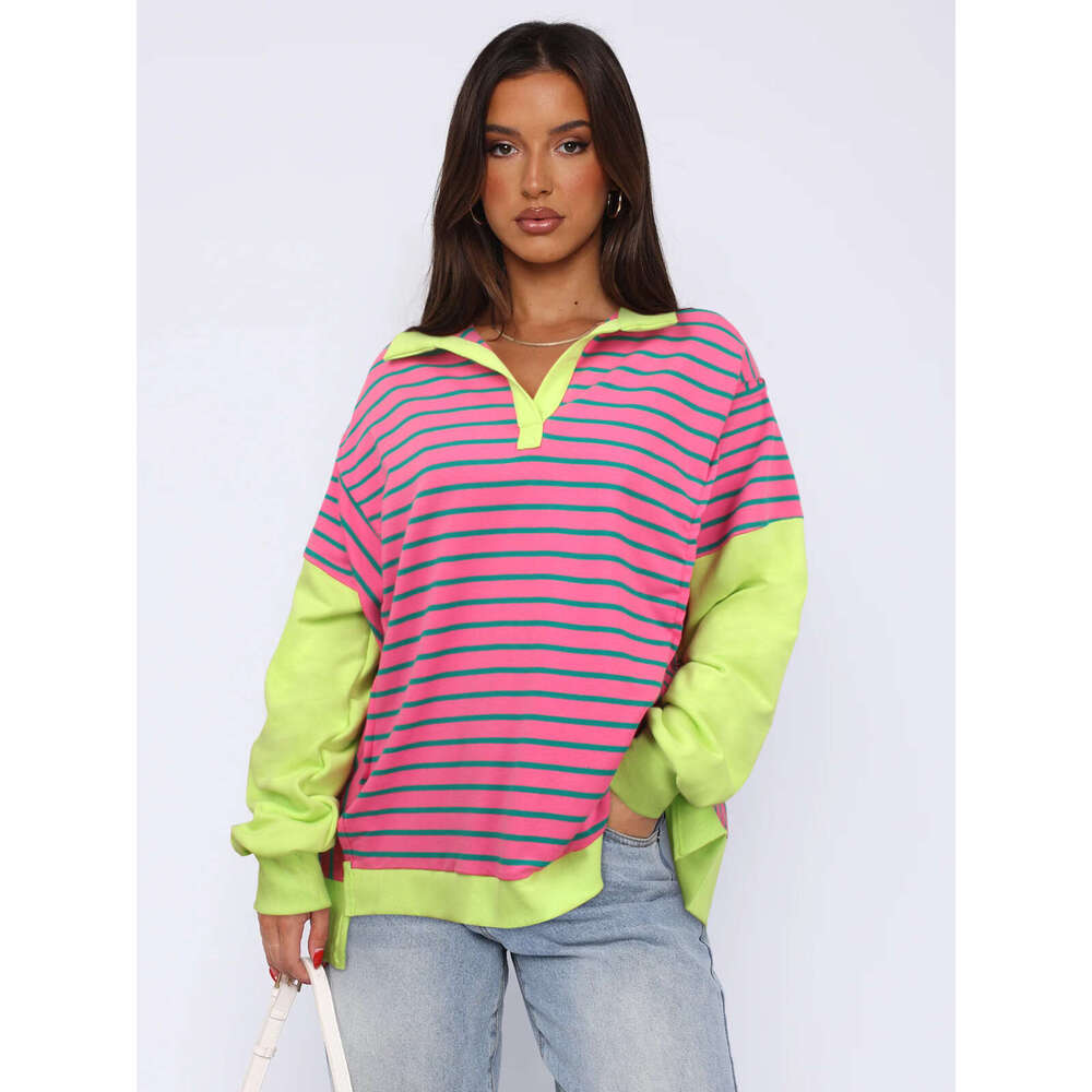 2025 Fashion New Loose Color-Block Striped Sweatshirt with Slit Autumn and Winter Casual Slimming Top Trendy Brand for Women
