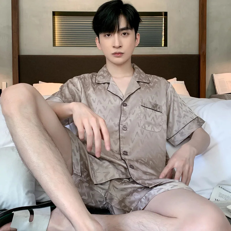 High Quality Jacquard Pajamas Suit Men Summer Ice Silk Shorts Sleepwear Set Thin Satin Largesize Loungewear Male Night Clothing 250526