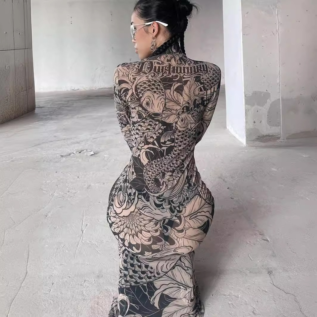Designer T Shirt European And American Cross Border Women S Fashion Autumn New Fashion Mesh Print Sheer High Neck Slim Fit Dress For Women Essentials 