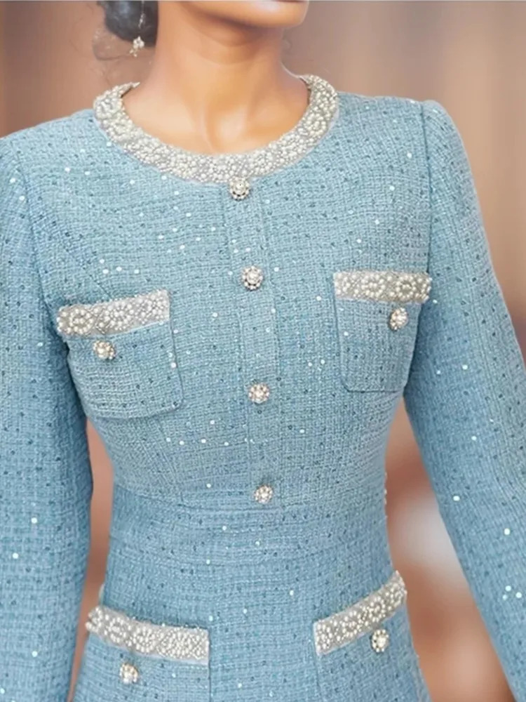 Blue Tweed Dress spring / autumn womens dress slim one-piece Ladies Classic base dress 250529