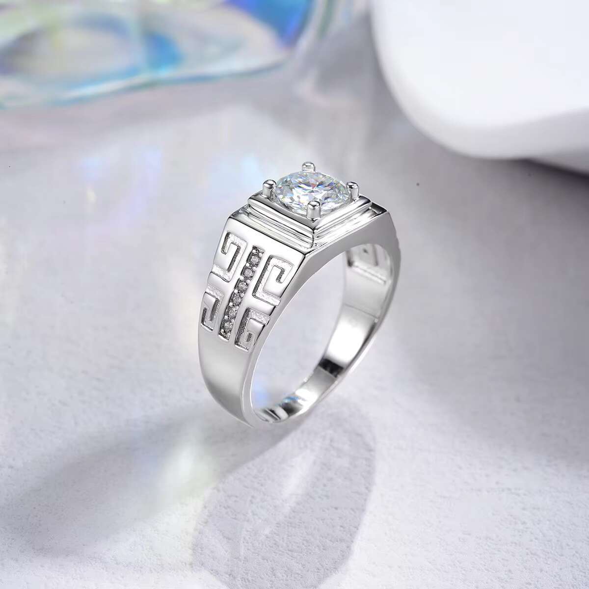 Hip Hop Custom 925 Sterling Silver Cz Moissanite Mens Patterned Rings Round Cut for Mens Wedding Engagement Ring