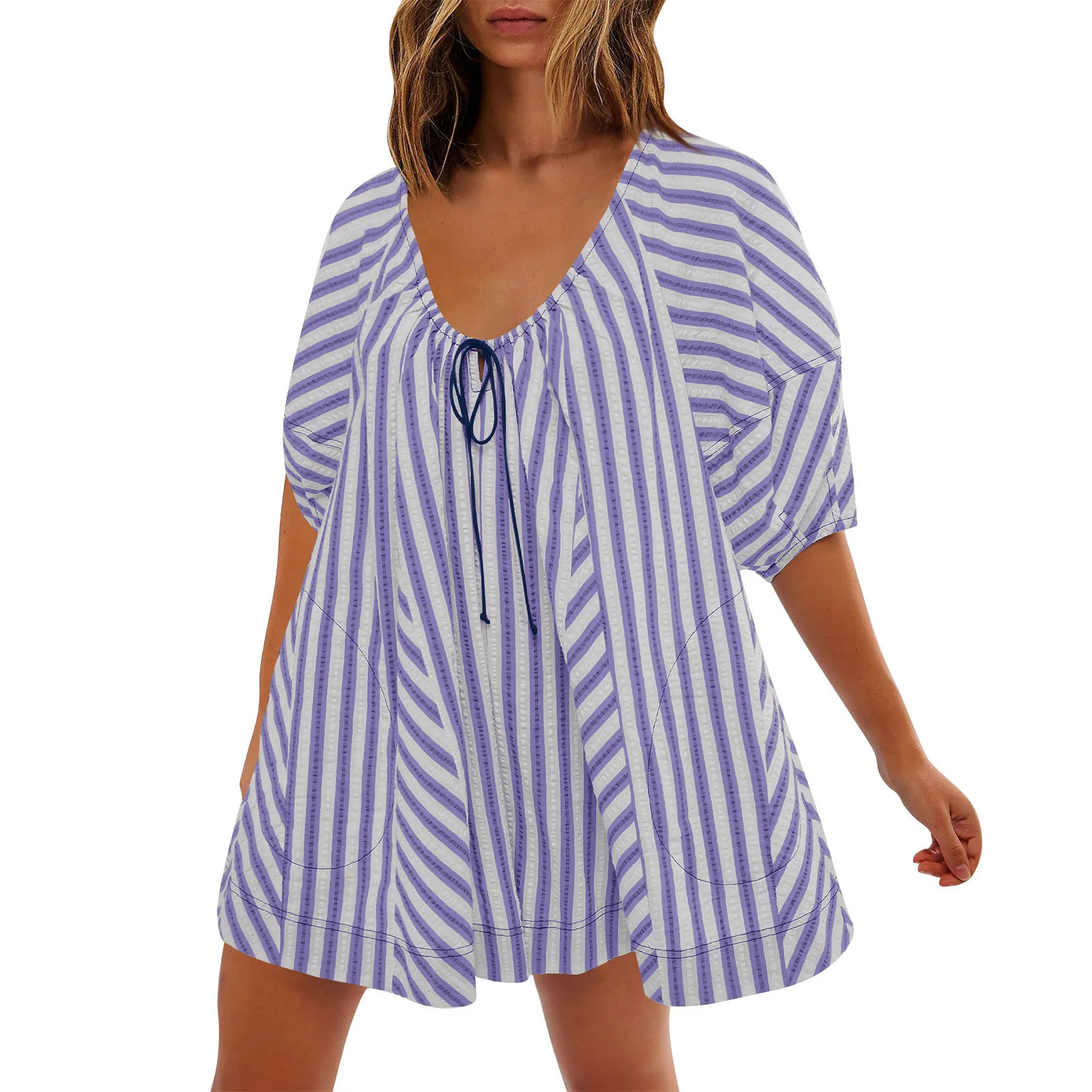 Summer Womens Fashionable Deep V-neck Tie Up Short Sleeved Striped Printed Jumpsuit Shorts Loose Casual Wide Leg Capris 250528