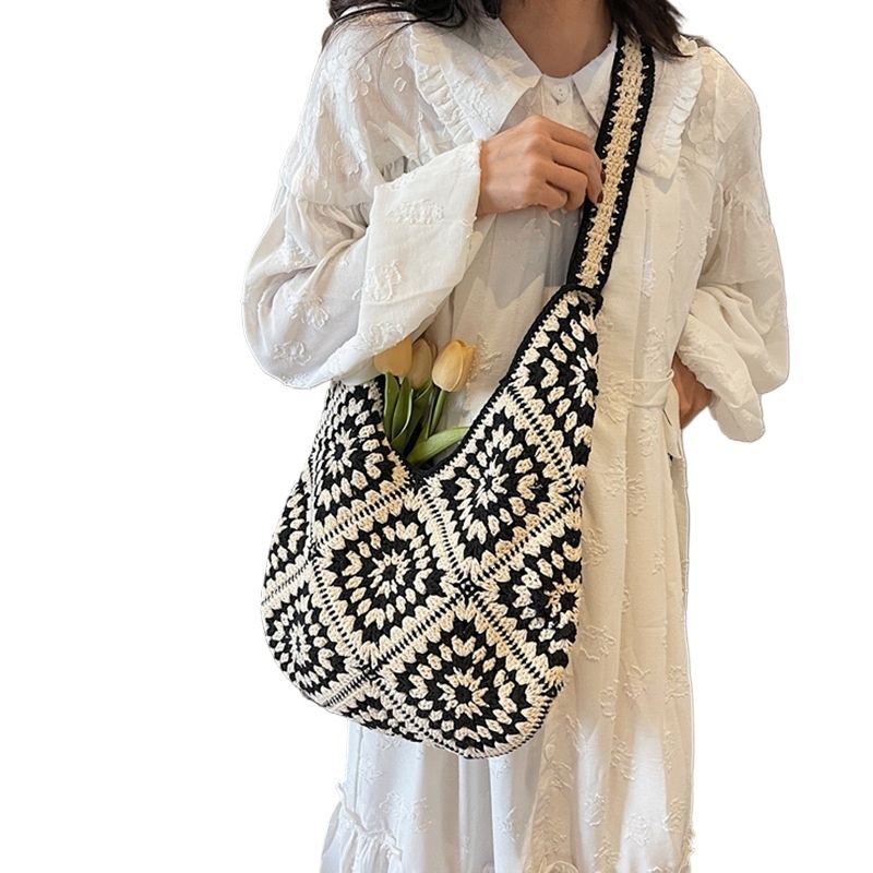 designer Handmade Cotton Yarn Crochet Hollow Sunflower Woven Bag Ethnic Style Large Capacity Tote Bag Straw Shoulder Crossbody Bag