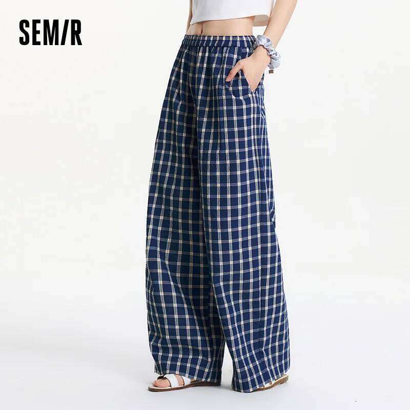 Semir Textured Plaid Wide Leg Women Instagram Trendy 2025 Summer New Vintage Long Pants For Relaxed Style