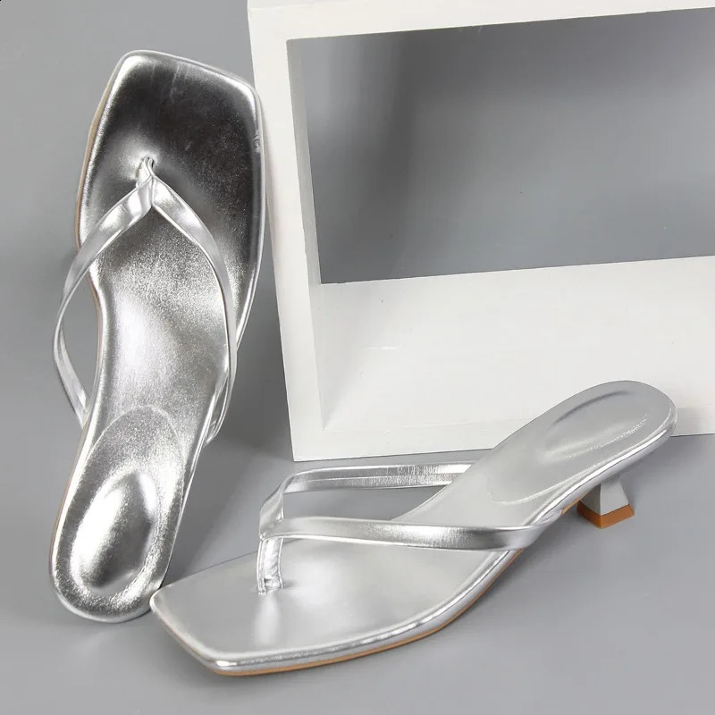 Summer Soft Leather Square Toe Cat with Flip-flops Women Fashion Thin Belt Thin Heel Soft Sole Flip-flops 250528