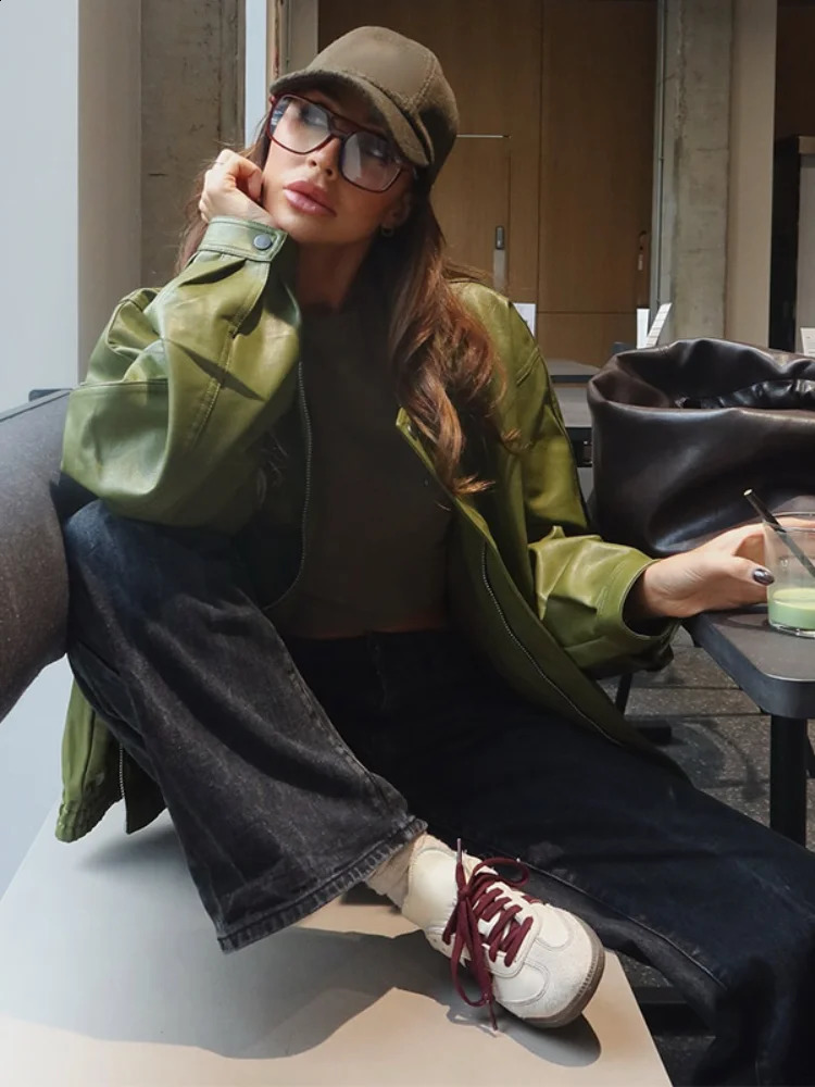 Green PU Leather Womens Coat Fashion Full Sleeve Zipper Lapel Female Coats 2025 Spring Single Breasted Street Lady Outwear 250521