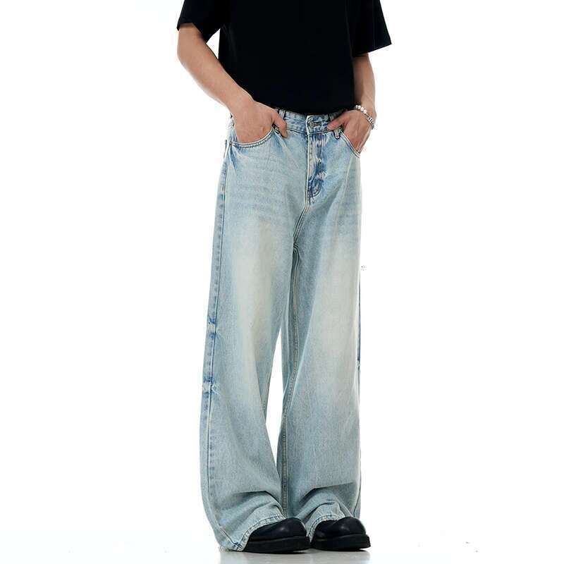 IEFB Wahsed Jeans Floor Length Menwear New Trendy American Light Blue Male Denim Pants Straight Leg Baggy Summer 9W3001