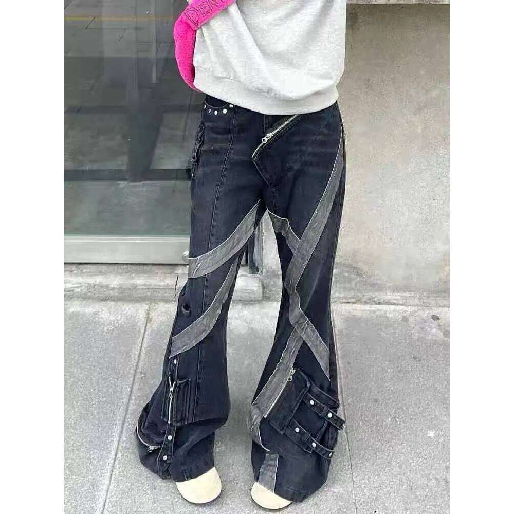 American Women Street Retro Zipper Splicing Micro Flared Jeans Y2k Slimming Multi Pocket Design Straight Leg Pants