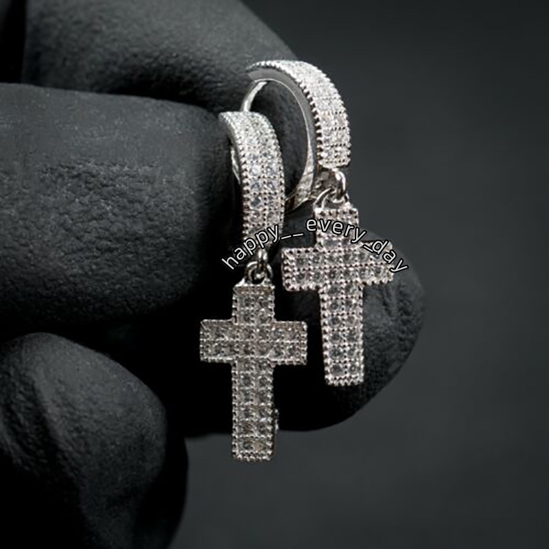High Quality Hoop Cross Stud VVC MOISSANITE Earrings Male 925 Sterling Silver Earring Jewelry Luxury Punk Cross Earrings