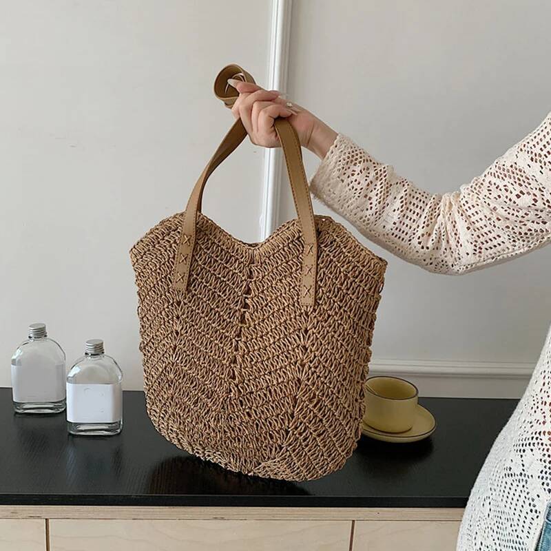 2025 New Handmade Fashion Straw Women's Shoulder Bag with Bow Scarf Suitable for Travel Beach Designers, Girls' Shopping Bag, Female Style