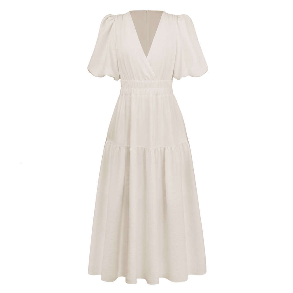 2025 Summer New High-End Deep V Puff Sleeve Vacation Dress Fashion Women's Clothing