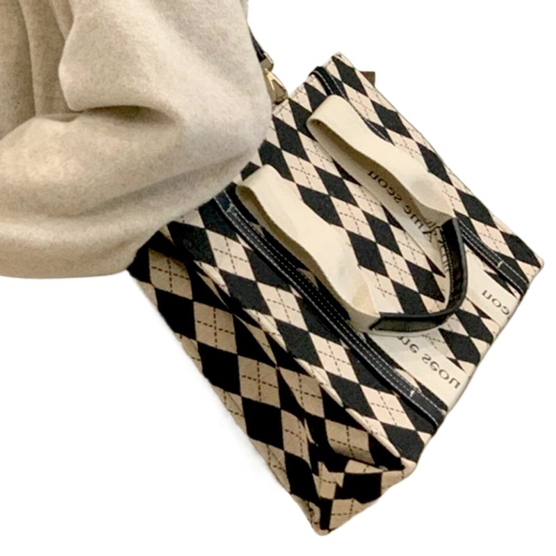 designer 2025 Autumn Winter Houndstooth Diamond Shoulder Bag for Women Niche Design Canvas Tote Bag Commuter Tote Bag for Women