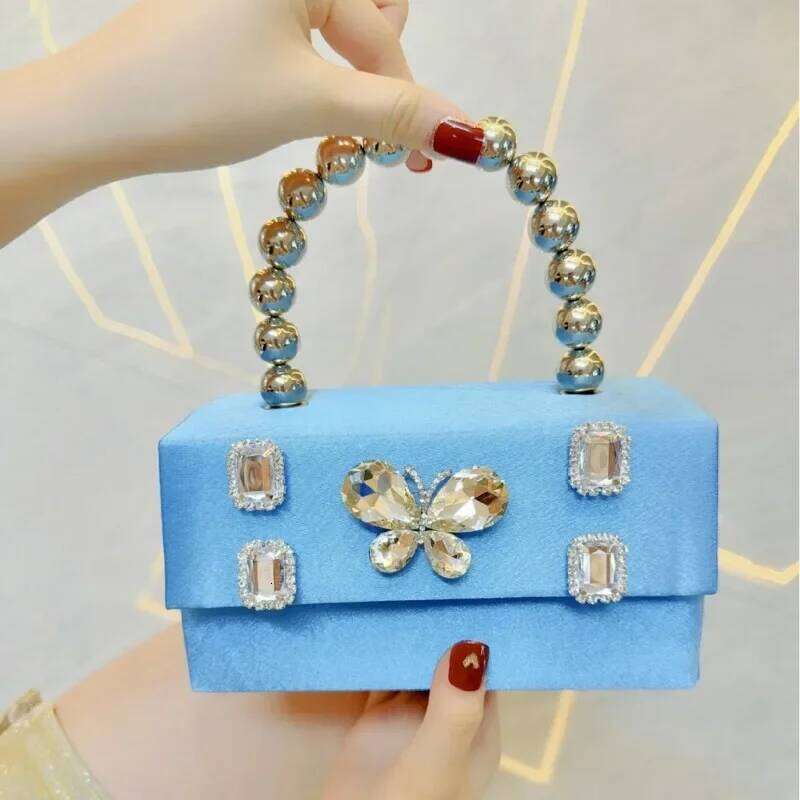 Shiny Silk Hot Pink Evening Bags Women Dia Box Handbag Rhinestone Butterfly Pearl Square Crossbody Bag Ladies Bolsas