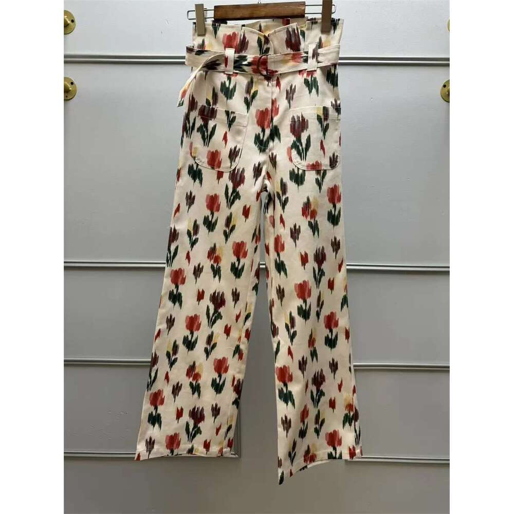 Women Lace-Up Ruffles High Waist Pants Cotton Colorful Printing Straight Casual Lady Loose Long Trousers 2025 Spring Summer