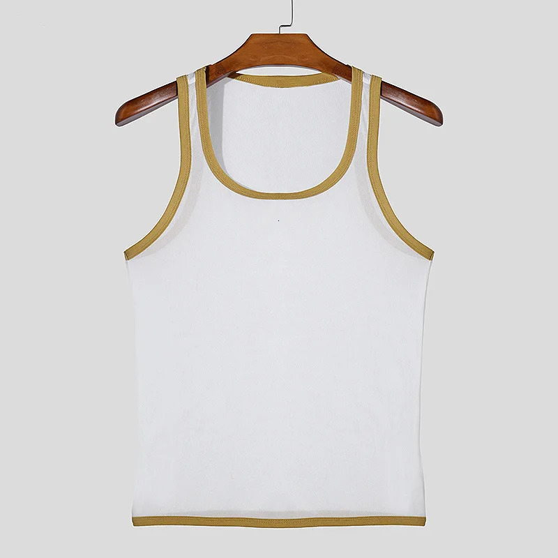 Men Mesh Tank Tops Summer 2025 Clubwear Casual Vest U Neck Sleeveless Contrast Color Fishnet Tshirt Comfortable Chic Tees 250527