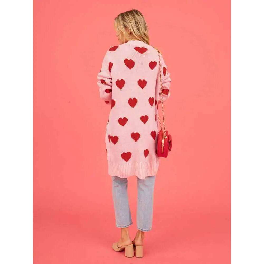 Boho Inspired Jacquared Hearts Women Long Sleeve Knitted Sweater New Autumn Winter Pink Cardigan Coat