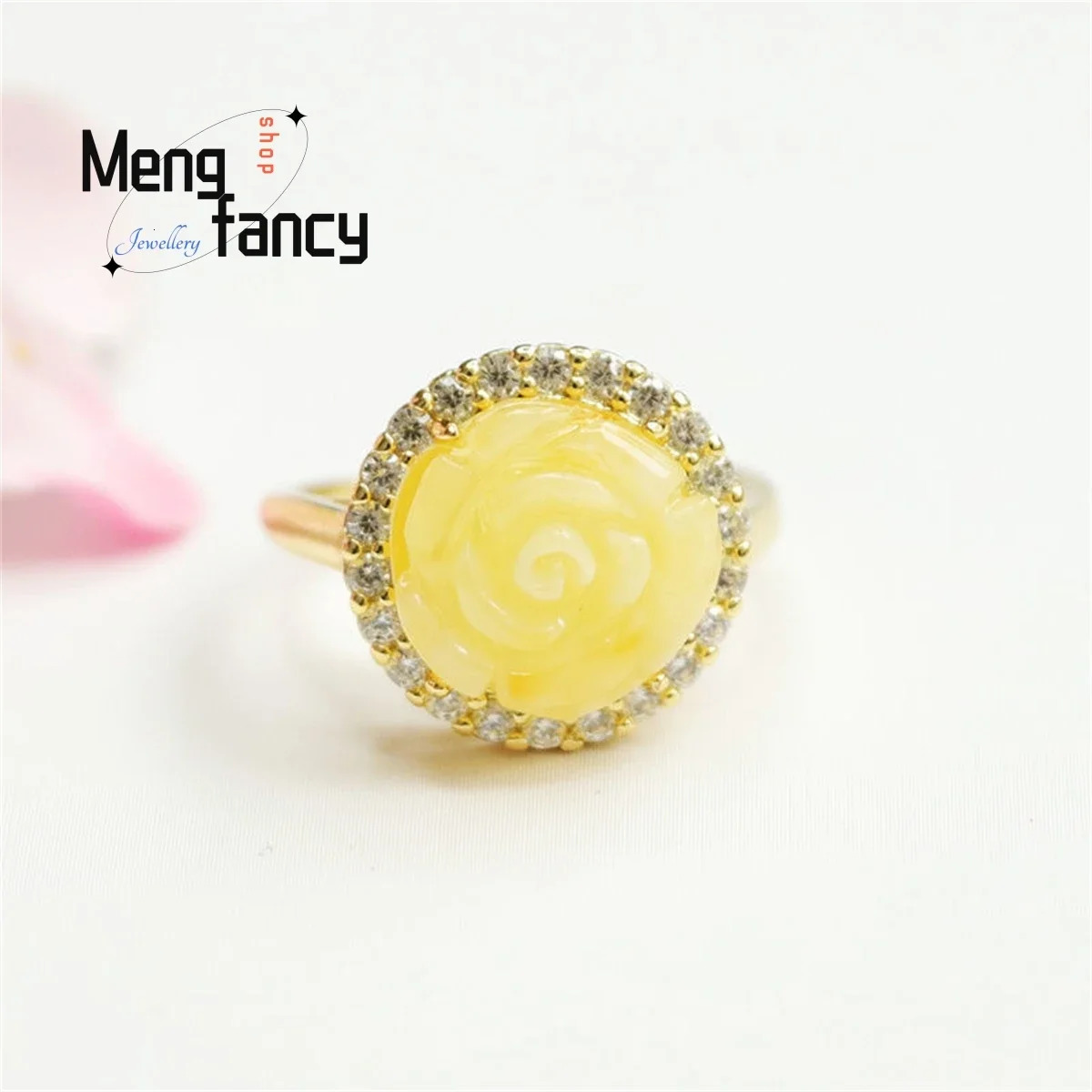 Natural Genuine Amber Chicken Oil Yellow Rose Ring Simple Generous Personalized Fashion Light Versatile Beauty Jewelry 250526