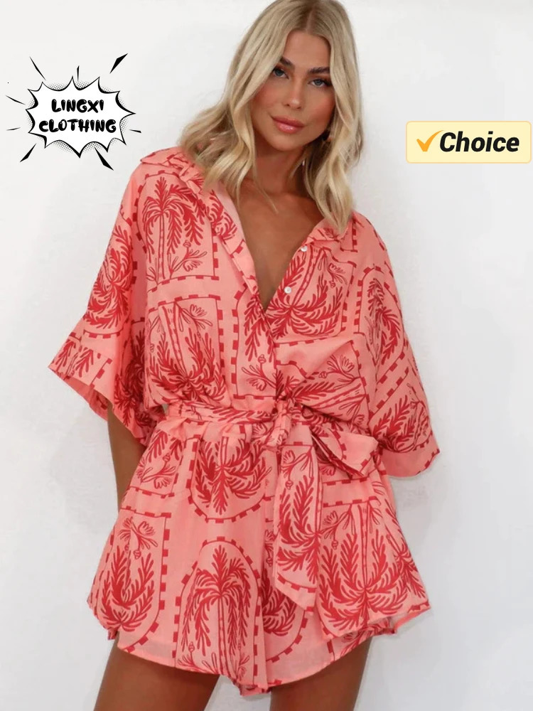 Summer Fashion Womens Printed Short Jumpsuit with Waist Tie Up and Lapel Half Open Holiday Style Womens Wear 250528